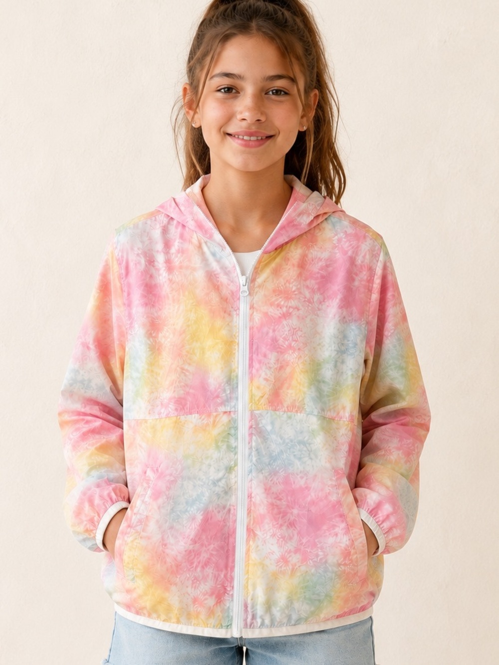 Youth Girls Tie-Dye Hooded Windbreaker- Pink Blue Yellow Orange / Spring